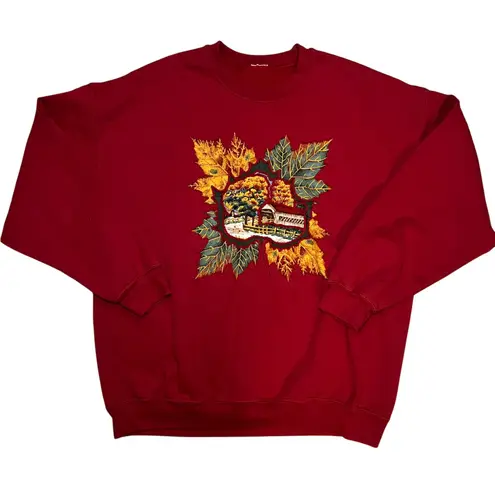 VTG 90s Fall Grandma Sweater Farm Autumn Womens XL Cottagecore Crewneck Red