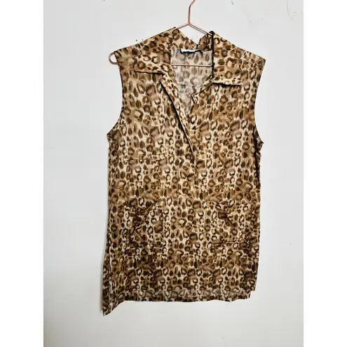 VICTOR ALFARO Brown Animal Print Sleeveless Front Hidden Button Placket Top L Size L