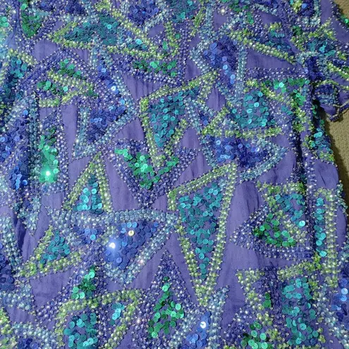 Vintage Styleworks Sequined Silk & Polyester Top Short Sleeve Blue & Green Women Size L
