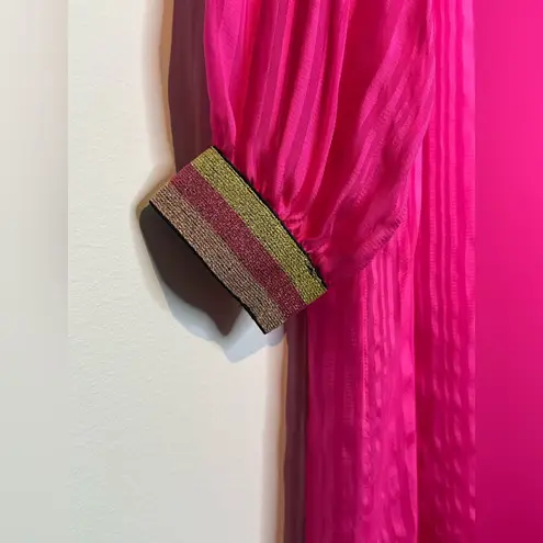 Marie Oliver Hot Pink Magenta Silk Long Sleeve Metallic Stripe Cuff Dress Size M