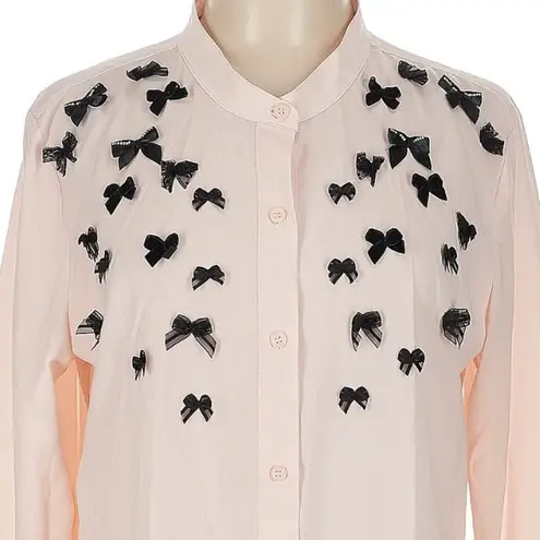 Victoria's Secret  Semi Sheer Pink Blouse Black Bows Button Shirt Size Large L
