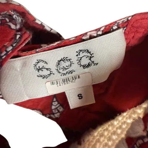 Sea New York Theodora Red Paisley Print Puff Sleeve Square Neck Crochet Trim Top