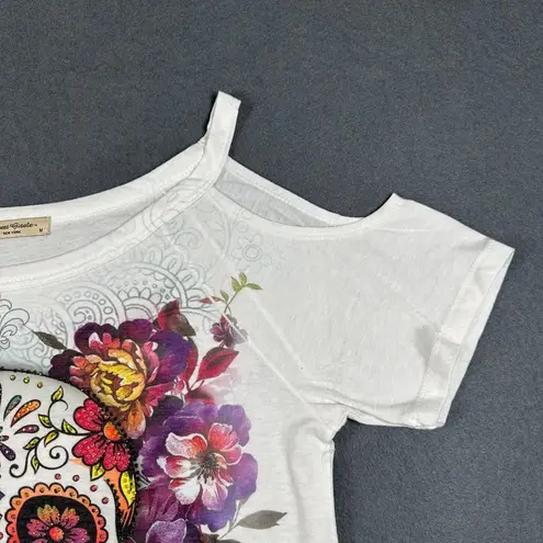 Sweet Gisele Womens Medium Sugar Skull Open Cold Shoulder SS Tee White Florida