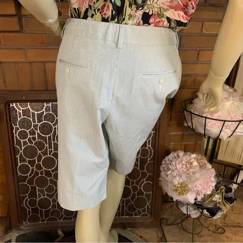 EXPRESS DESIGN STUDIO "EDITOR" TAN AND CREAM PIN STRIPE WALKING SHORTS (10)