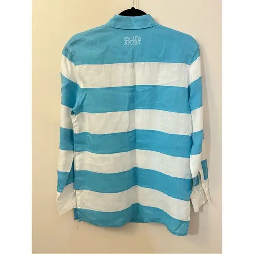 Escada Sport Aqua and White Striped Color Block Linen Button Down Blouse S Blue