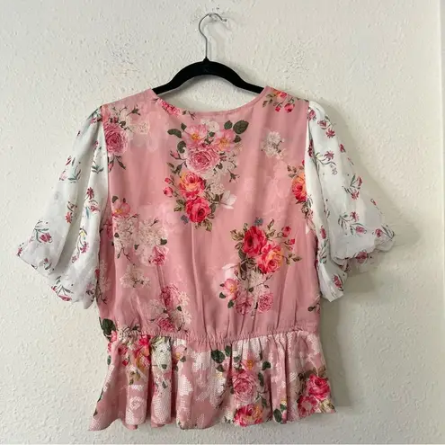 Hemant & Nandita Rose Garden Floral Boho Blouse Size Medium Peasant Pink