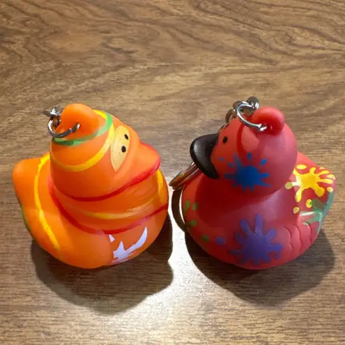Set of 2 Novelty Rubber Duck Keychains Fun Painted Design Orange Red