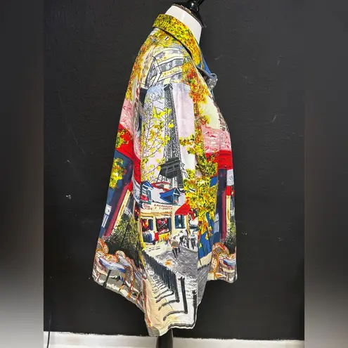 Vintage button up art painting Paris shirt Christopher Banks long sleeve size XL Blue