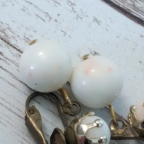 Vintage Clip On Earrings Ball Duo Dangle Off White with Pink Hues