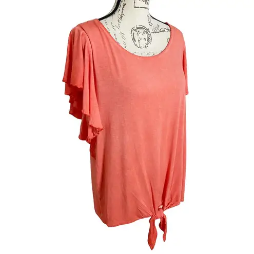 *NEW* Seven 7 Flutter Short Sleeve Tie Front T-Shirt Top Coral Orange Size XL
