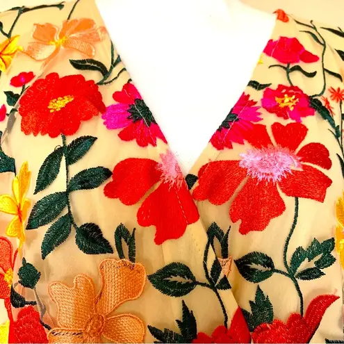 One Loved Babe Tan Orange Red Yellow Pink Floral Embroidered Tulle Maxi Dress. Size undefined