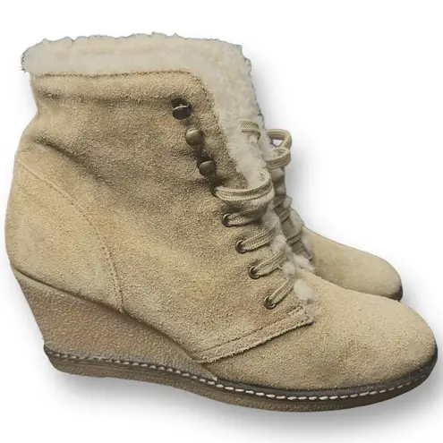 J. Crew Women's Beige Suede Shearling Wedge Ankle Boots Size 7 Tan