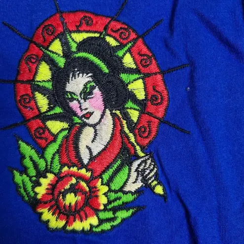 Ed Hardy Vintage Shirt Women's size Large Blue Embroidered