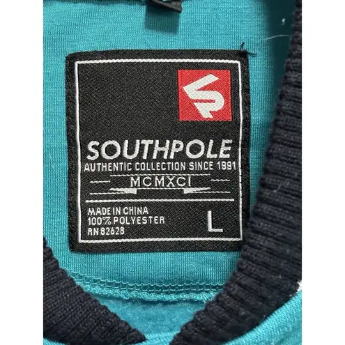 Southpole Varsity Jacket Teal/Gray Snap Up Pockets Size Large Embroidered Logo Blue