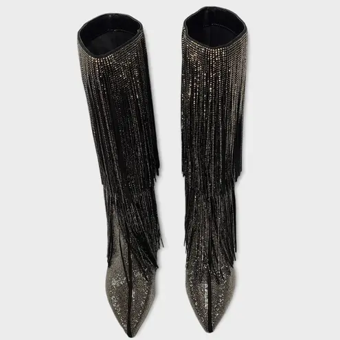 INC International Concepts Is Black and Silver Bling Fringe Heeled Boots Size 8M