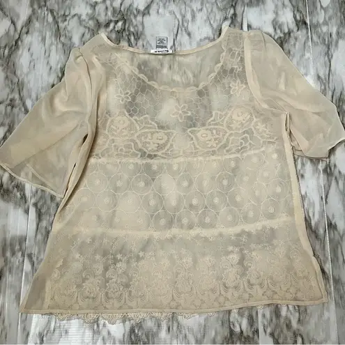 Cream Lace Puff Sleeve Blouse Sheer Lacy Boho Chic Romantic Vintage Fairycore Size L