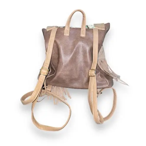 BOHEMIAN FAUX LEATHER & TASSELS BEADED BACKPACK Brown