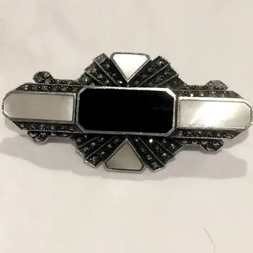 Onyx Art Deco Marcasite Mother of Pearl Silver Pin