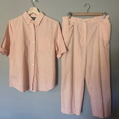 Ralph Lauren  Coral Peach Gingham ButtonShort Sleeve Shirt Pants Set Size M /12
