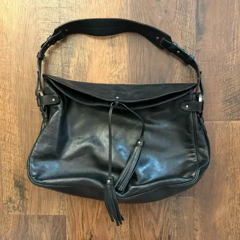 BALLY black leather hobo, tassel tieclosure, made in Italy