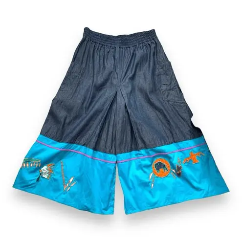 Vintage 90s Southwestern Appliqué Denim Button Up Shirt Gaucho Pants Set Medium Blue