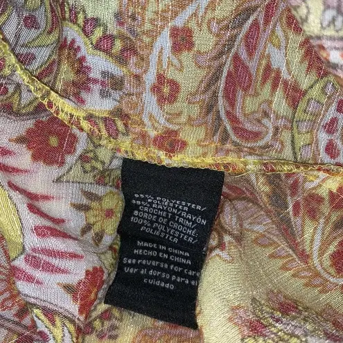 Sharagano Womens Shirt Size Small Yellow Pink Orange Geometric Print Top Crochet