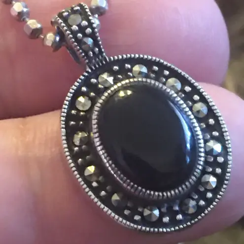 Vintage 80s black onyx marcasite pendant on chain