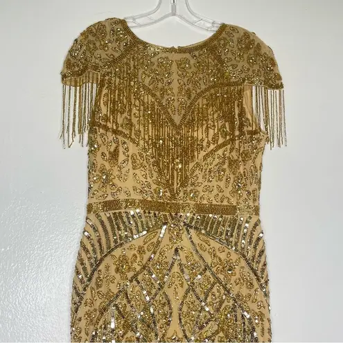 Mac Duggal 4715 Size 4 Embellished Fringe Cap Sleeve Trumpet Gown, Light Gold