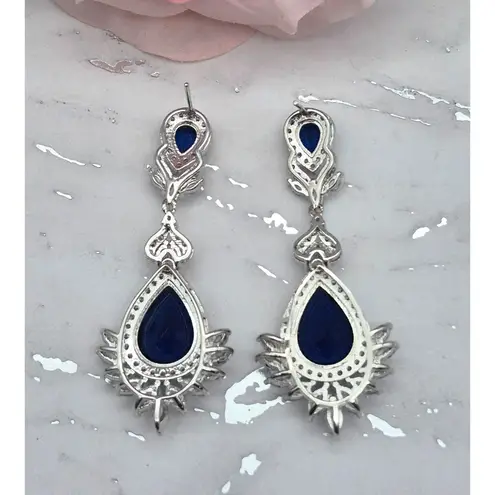 None Runway Statement Drop Chandelier Earrings Silver Tone & Blue Crystal Formal Prom
