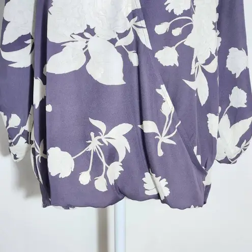 West Kei  Purple Floral Blouse with Wrap Look and Roll-Tab Sleeves Size Small