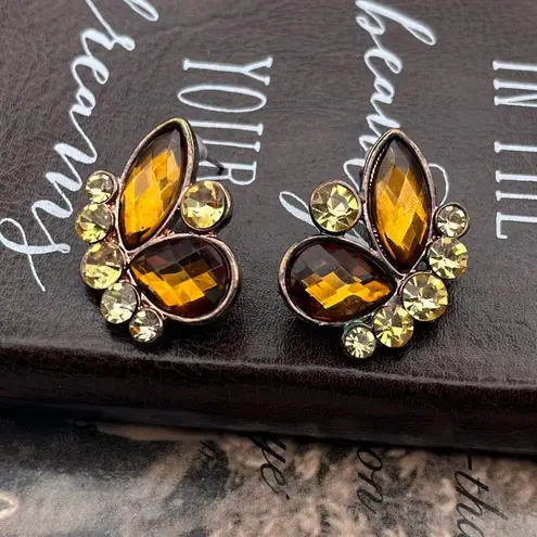 Vintage Amber Topaz Butterfly Earrings • Rhinestone Antique Copper Studs Brown
