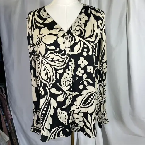 T Tahari Women's Black & Cream Floral Print Long Sleeve Button Down Blouse M/M