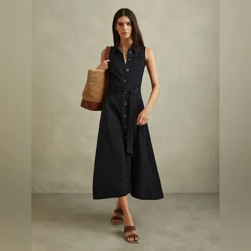 Reiss HEIDI VISCOSE-LINEN BELTED MIDI DRESS IN NAVY, Size 4 , $298