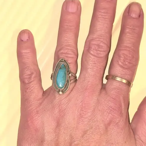 Navajo Southwestern Large Oval Turquoise Braided Tear Drop Ring size 7 Silver
