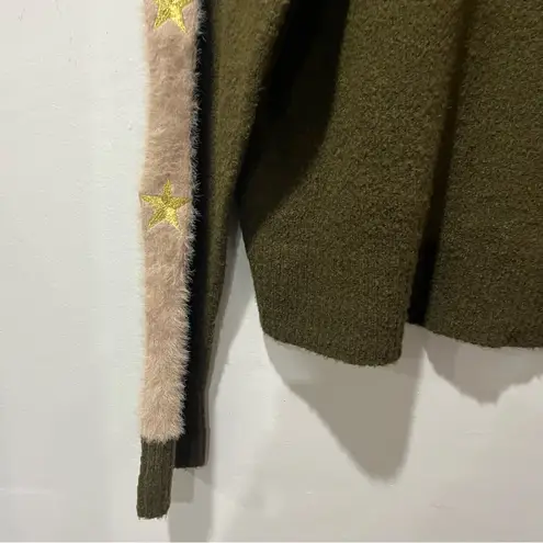 Lovestitch Olive Green sweater Stars On Sleeves Size Large Fuzzy Round Neck