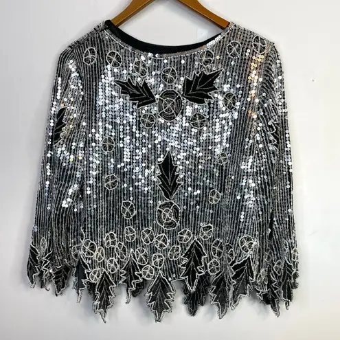 Vintage Ornate Sparkly Sequin Beaded Top Jagged Hem Black Silver Glam Gatsby L Size L