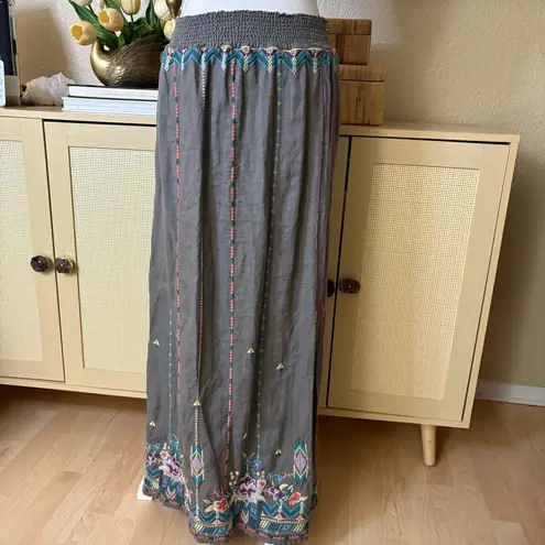 Johnny Was Grey Embroidered Linen Smock Maxi Skirt Slit Bohemian