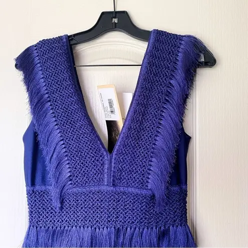 PatBO Dress Fringe Midi Crochet Tiered Sleeveless Beach Wedding Indigo 8 NWT Blue