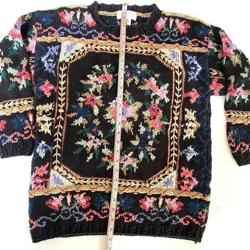 Vintage 1990s 90s Casual Corner Floral Knitted embroidered Crewneck Swea… Black Size M