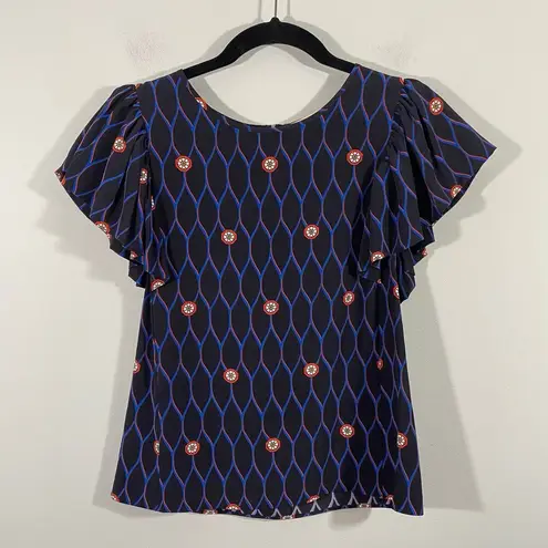 Kenzo x H&M Women's Abstract Print 100% Silk Ruffle Cap Sleeve Blouse Size 2