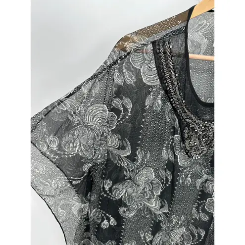 Soft Surroundings Women's Black Cream Sheer Beaded Bathing Suit Cover Up S/M