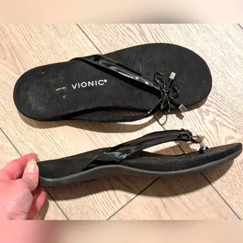 Vionic Womens 11 Bella Black Patent Leather Bow Flip Flop Sandals Arch Support