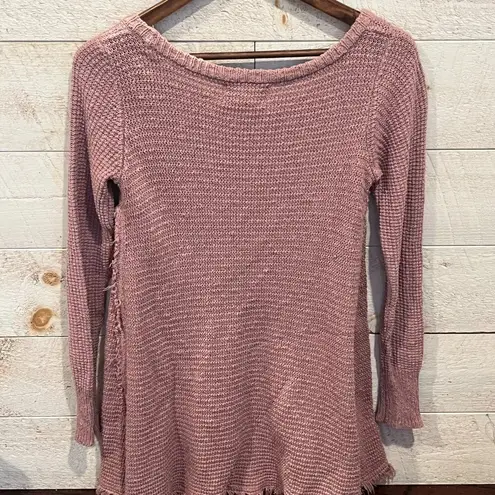 Ruby Moon  Women's Dark Pink Scoop Neck Knit Frayed Hem Sweater Size Size S