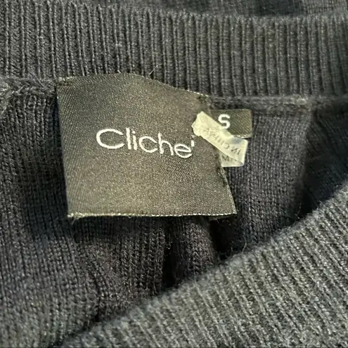 CLICHÉ Navy Wool Blend Sweater Small | Trendy Pleated Bell Sleeve Pullover Blue