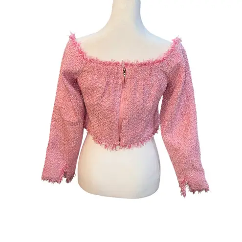 Endless Rose Off The Shoulder Tweed‎ Pink Long Sleeve Cropped Shirt Button Large thumbnail 4