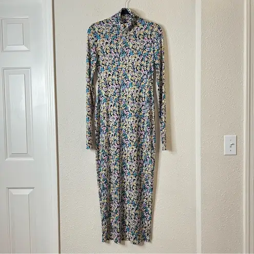 AFRM Shailene Floral Sheer Long Sleeve Dress Size Medium Blue