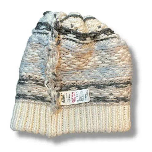 FatFace Knit Hat Pom Bobble Beanie Cuff Fair Isle Wool Holiday Vacation Cream