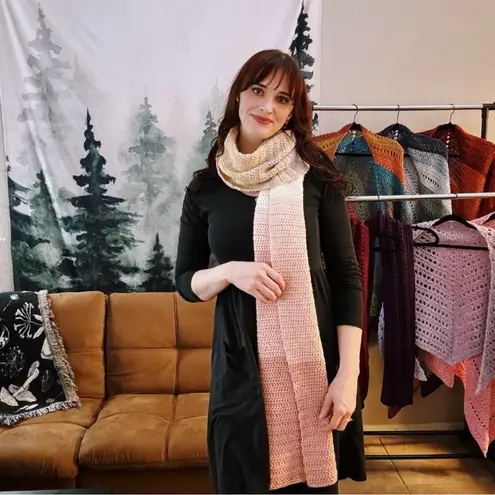 Handmade Extra-Long and Wide Pink, Cream, and Brown Crochet Scarf