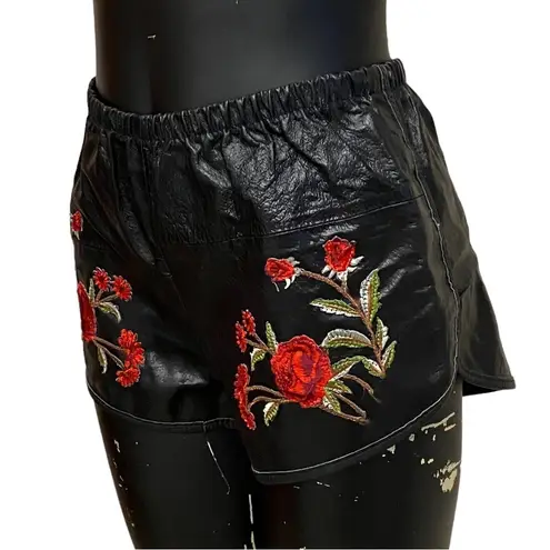 American Vintage  Black Faux Leather Short Red Floral Embroidery