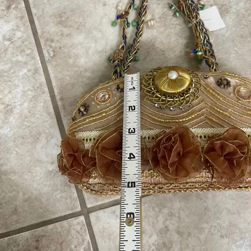 CEM NWT Beaded Evening Bag Purse Taupe Gold Floral Embellished Clutch UNIQUE Tan